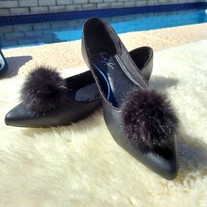 Black, Pointy Toe, Ballet Flats with Furry Pom Poms
